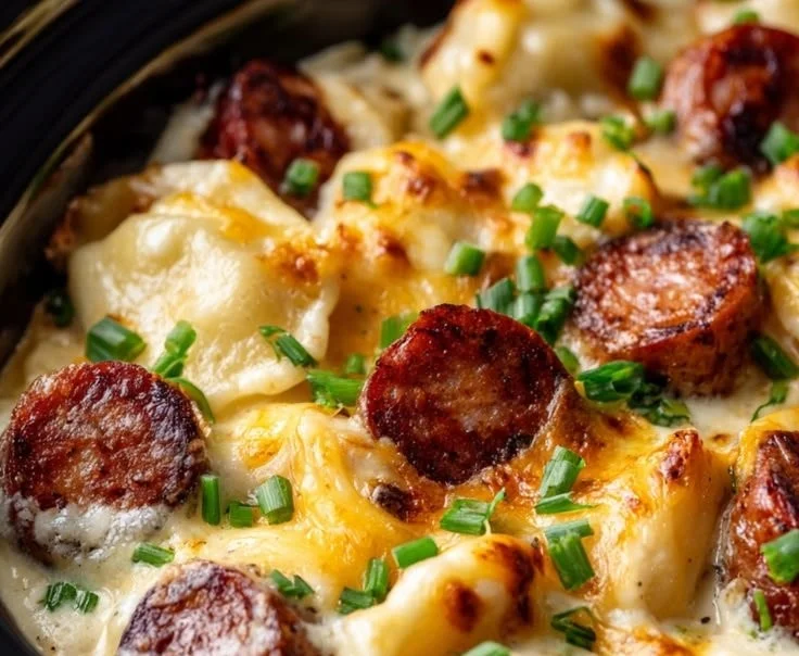 Delicious Crockpot Pierogi Casserole with kielbasa and melted cheese