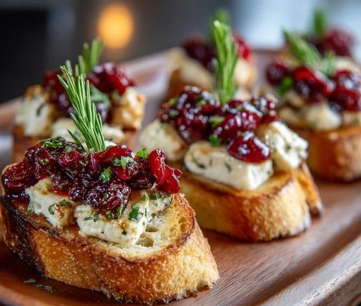 Crostini topped with roasted cranberries and brie cheese, served as an appetizer.