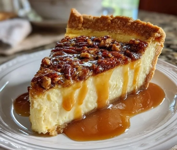 Delicious custard pie topped with praline sauce served on a plate