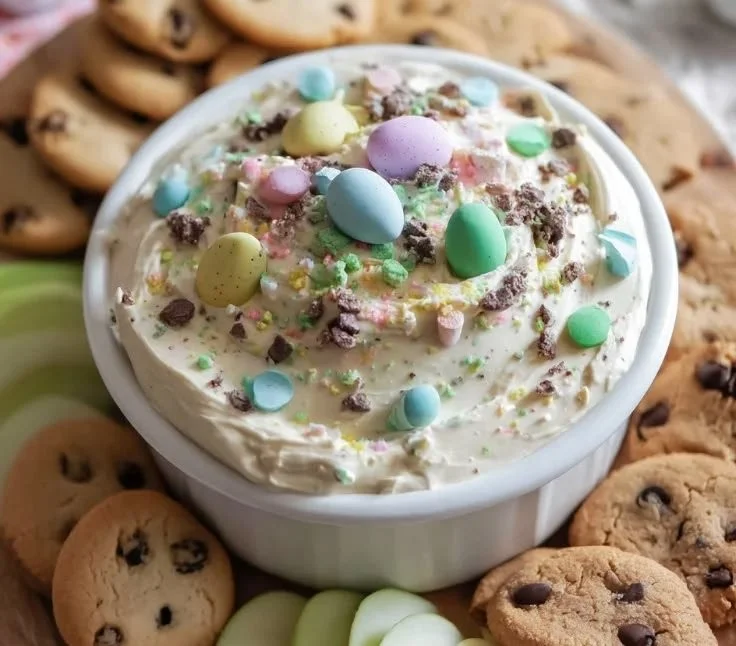 Colorful Easter dessert dip served in a bowl with festive decorations.