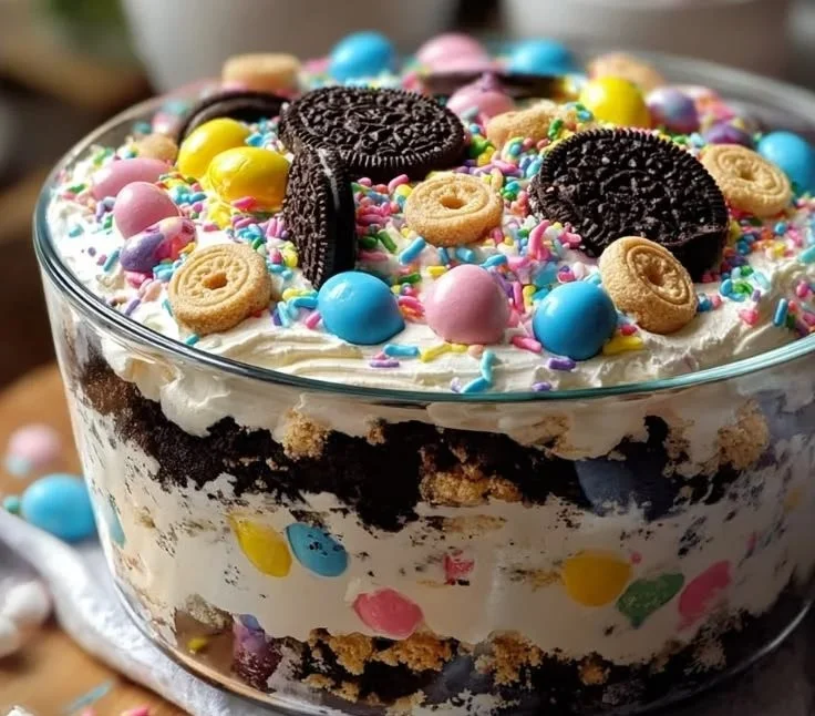 Delicious Easter Oreo Cookie Casserole topped with whipped cream and crushed Oreos