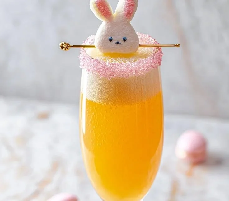 Colorful Easter Peeps Mimosa garnished with marshmallow peeps for a festive drink.