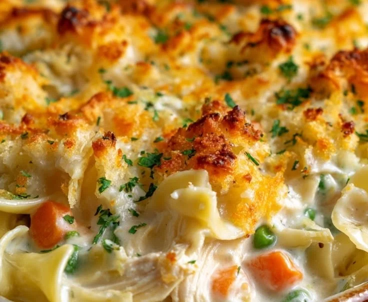 Creamy chicken noodle casserole served in a cozy dish, topped with golden breadcrumbs