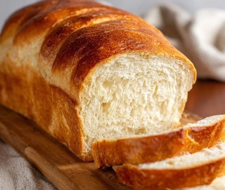 Freshly baked homemade white bread loaf on a wooden cutting board