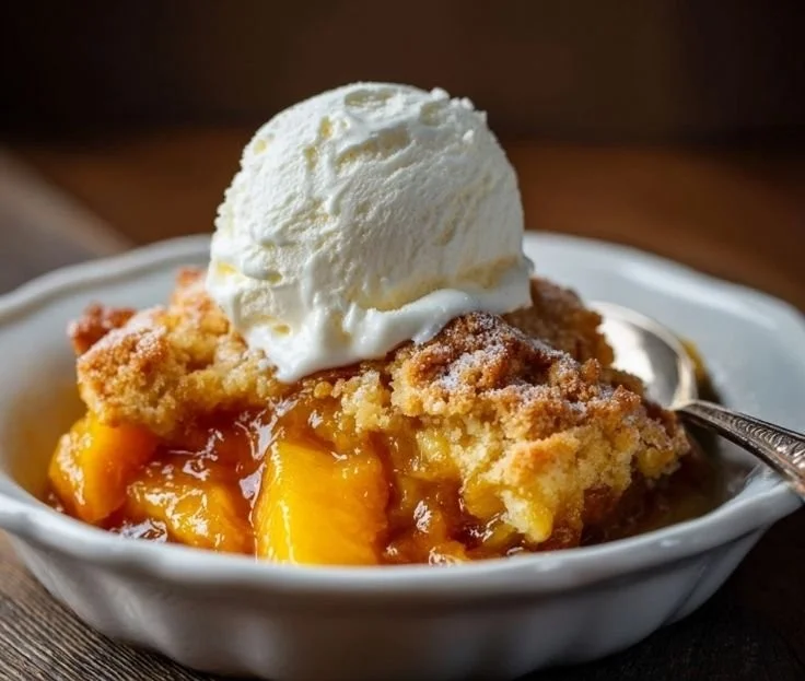 Delicious homemade peach cobbler served with a scoop of vanilla ice cream
