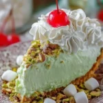 Delicious easy pistachio pie slice with whipped cream on top