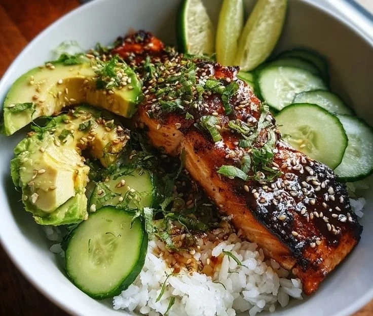 Teriyaki-glazed salmon rice bowl with cucumber and avocado