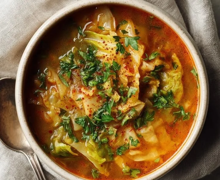 Delicious bowl of fat-burning cabbage soup garnished with herbs and vegetables
