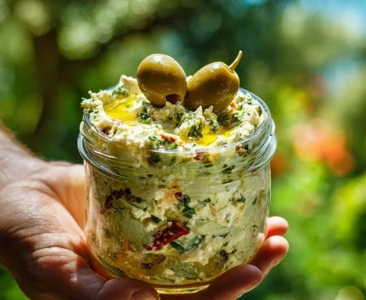 Creamy feta and olive dip served in a bowl with crackers on the side
