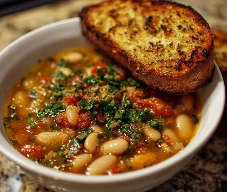 Bowl of fire-roasted white bean soup garnished with herbs