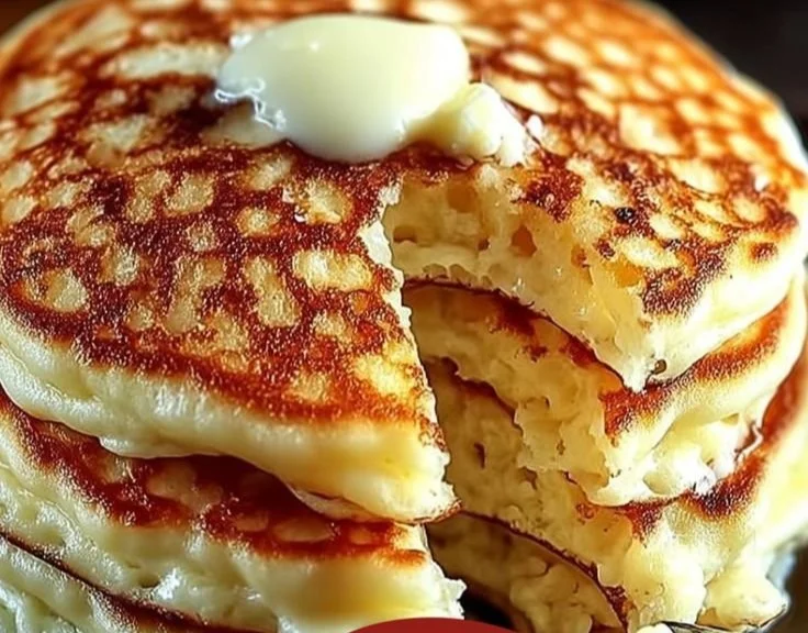 Flourless cottage cheese pancakes stacked with fresh berries