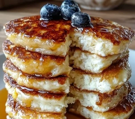Fluffy cottage cheese pancakes served with syrup and berries