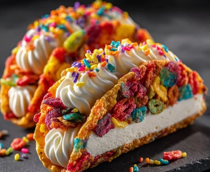 Fruity Pebbles cheesecake tacos on a plate, a colorful no-bake dessert treat.