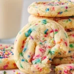 A batch of colorful Funfetti Cookies with sprinkles on top, freshly baked.