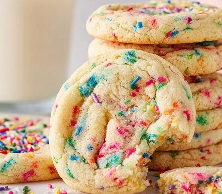 A batch of colorful Funfetti Cookies with sprinkles on top, freshly baked.