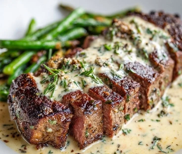 Delicious Garlic Butter Steak served with creamy Parmesan sauce