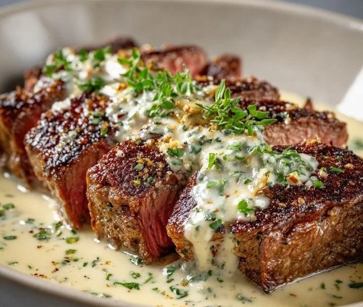 Delicious Garlic Butter Steak topped with creamy Parmesan sauce