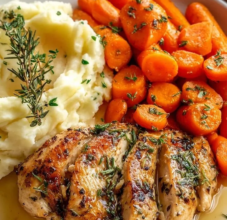Plate of Garlic Herb Chicken with mashed potatoes and glazed carrots