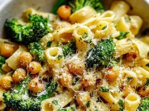 Garlic olive oil pasta with broccoli and chickpeas served in a bowl