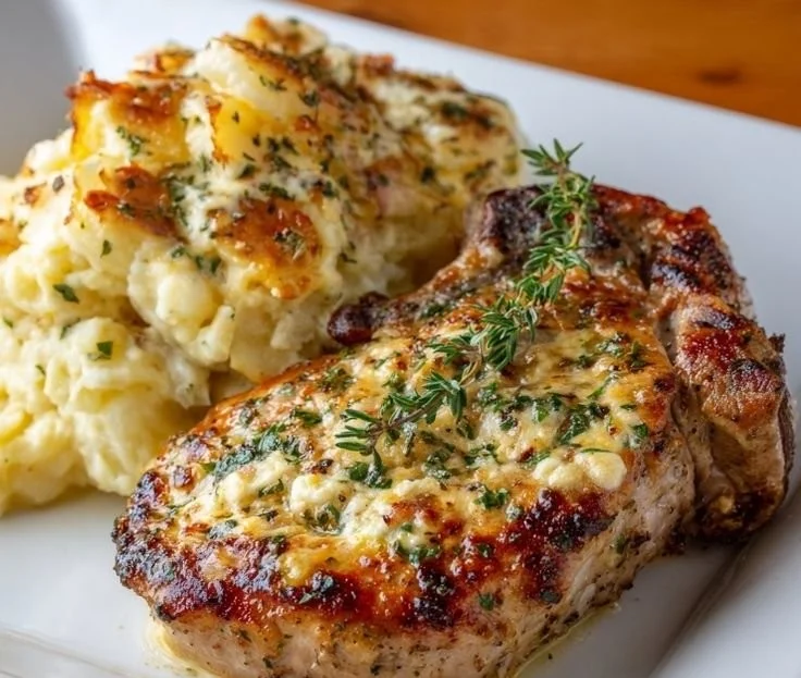 Garlic Parmesan Pork Chops served with cheesy scalloped potatoes