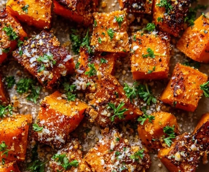 Crispy Garlic Parmesan Roasted Sweet Potatoes served in a dish