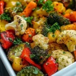 Plate of garlic roasted vegetables featuring colorful bell peppers, zucchini, and carrots