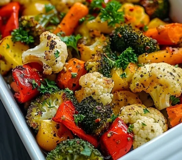 Plate of garlic roasted vegetables featuring colorful bell peppers, zucchini, and carrots