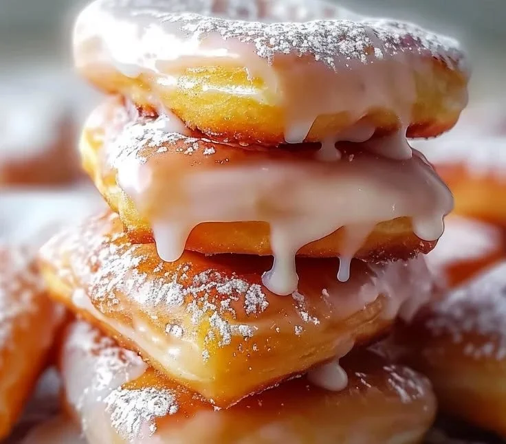 Glazed buttermilk beignet square dusted with powdered sugar