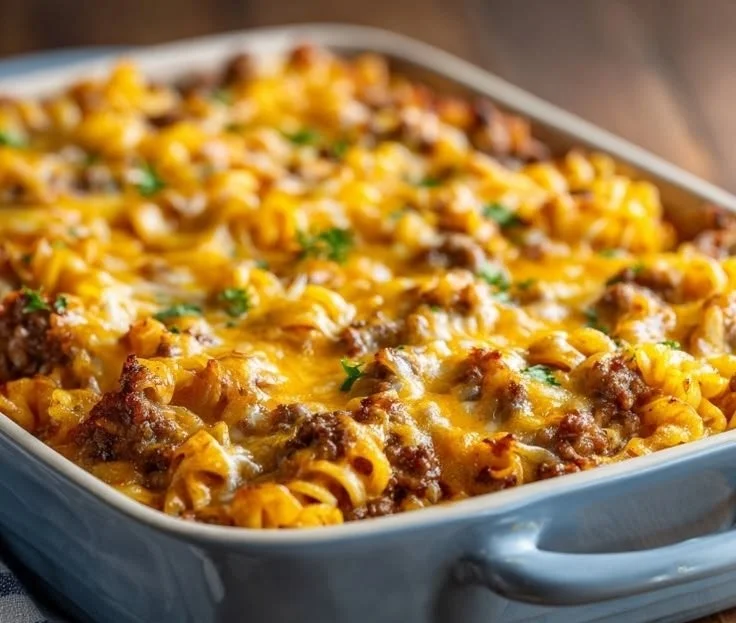 Delicious Grandma's Hamburger Casserole topped with cheese and veggies