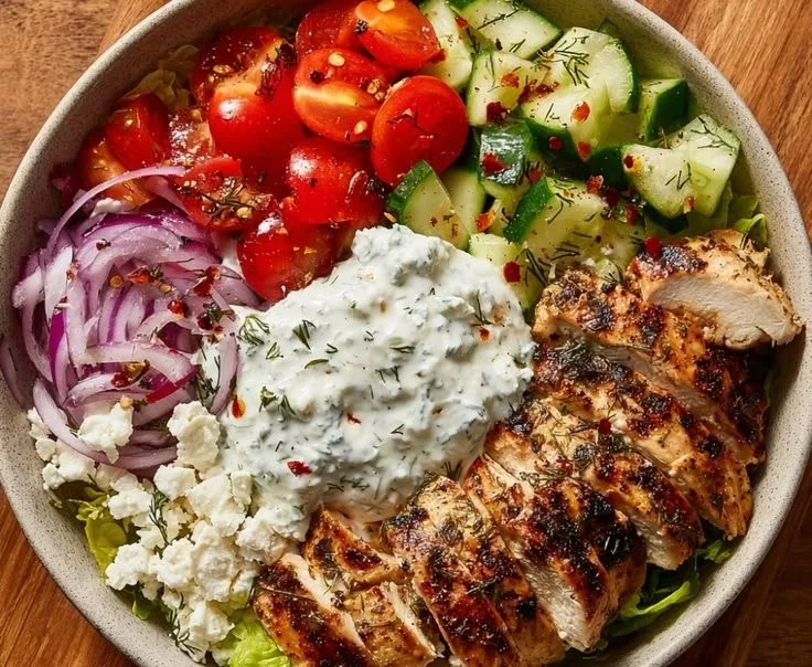 Delicious Greek Chicken Bowls with fresh vegetables and flavorful dressing