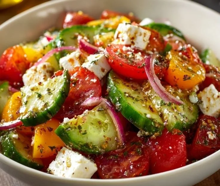Freshly prepared Greek Cucumber Tomato Feta Salad with vibrant ingredients.