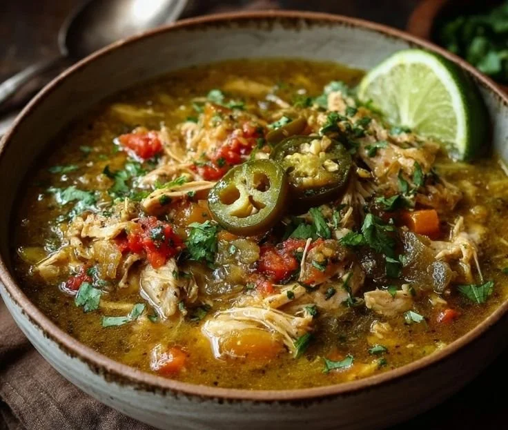 Delicious bowl of Green Chile Chicken Stew with fresh ingredients