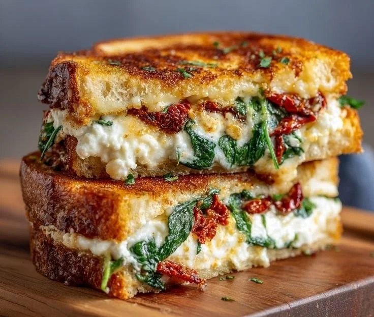 Grilled cheese sandwich with sun-dried tomatoes, spinach, and ricotta cheese