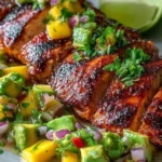 Grilled chicken topped with mango and avocado slices on a plate