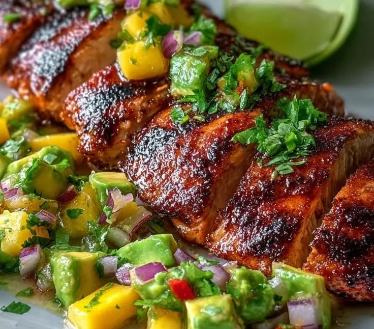 Grilled chicken topped with mango and avocado slices on a plate