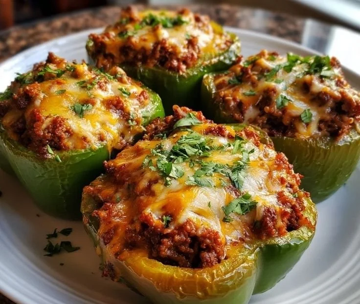 Ground beef stuffed green bell peppers with melted cheese on top