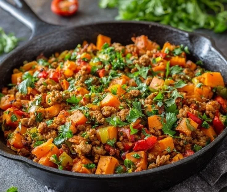 Ground Turkey Sweet Potato Skillet with colorful vegetables in a pan.
