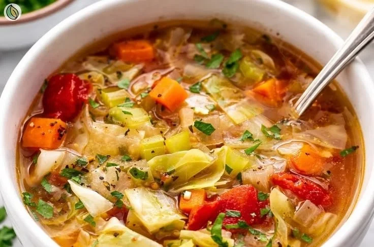 A bowl of gut-healing cabbage soup with fresh ingredients