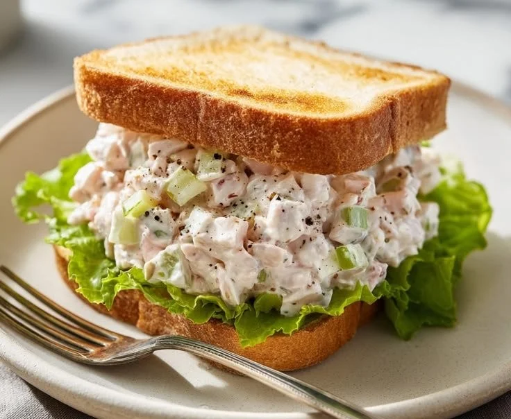 Delicious ham salad recipe served in a bowl with fresh herbs and crackers.