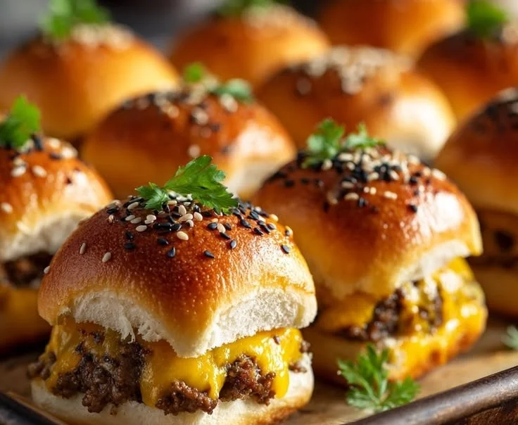 Hawaiian Roll Cheeseburger Sliders served at a party