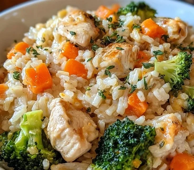 Healthy chicken rice casserole baked dish with vegetables and herbs