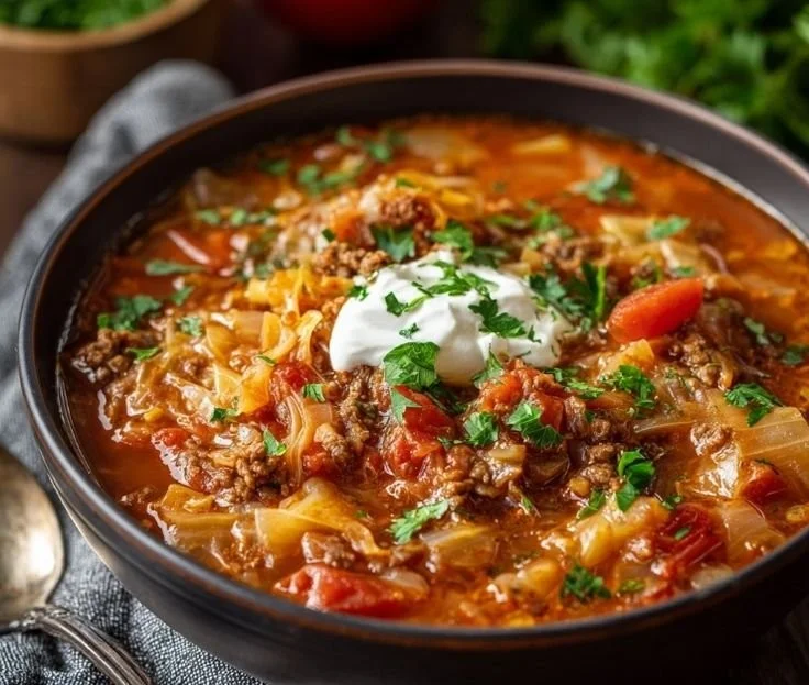 Bowl of hearty cabbage roll soup garnished with fresh herbs
