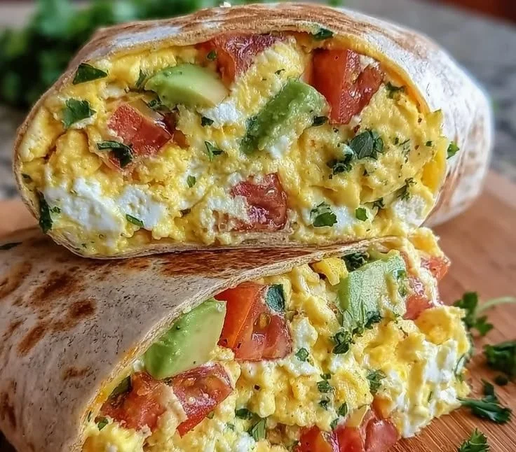 High-protein breakfast wrap with cottage cheese and avocado on a plate