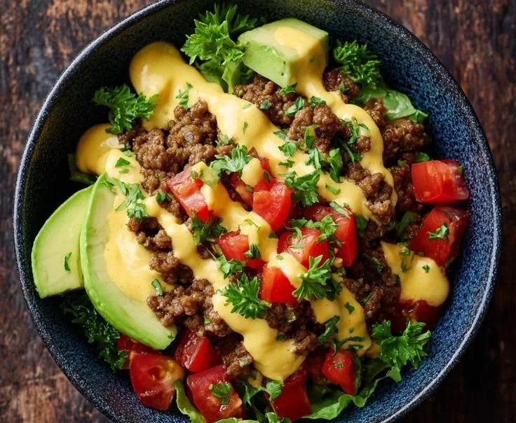 Delicious high-protein cheeseburger bowls with fresh ingredients