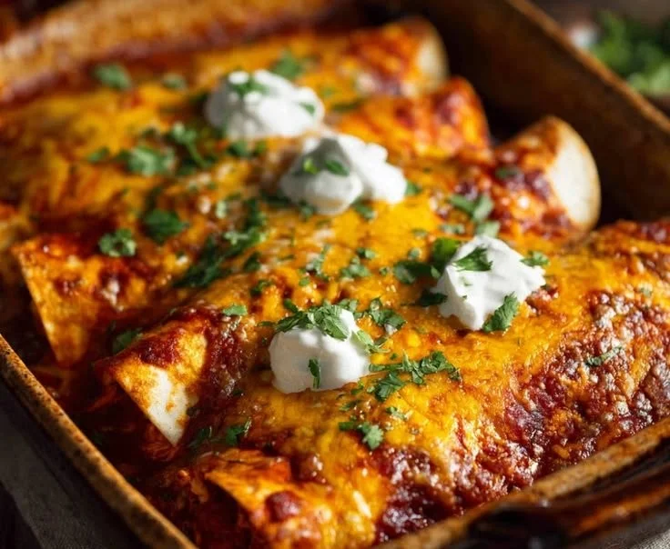 High protein chicken enchiladas topped with cheese and served on a plate