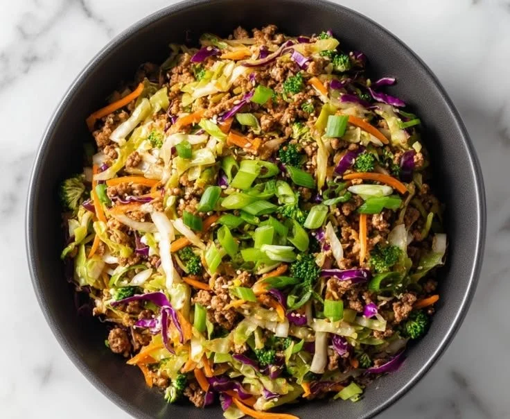 High Protein Egg Roll Bowl topped with fresh vegetables and protein mix