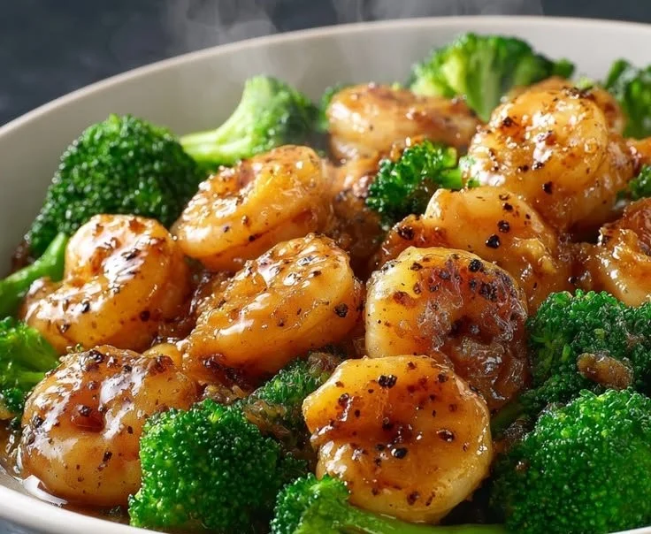 Delicious high-protein honey garlic shrimp garnished with herbs