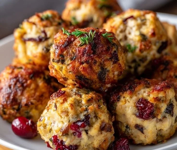 Holiday turkey and cranberry stuffing balls ready to serve.