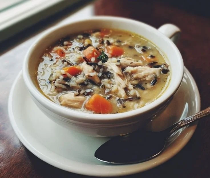 Bowl of homemade chicken and wild rice soup with fresh herbs and vegetables
