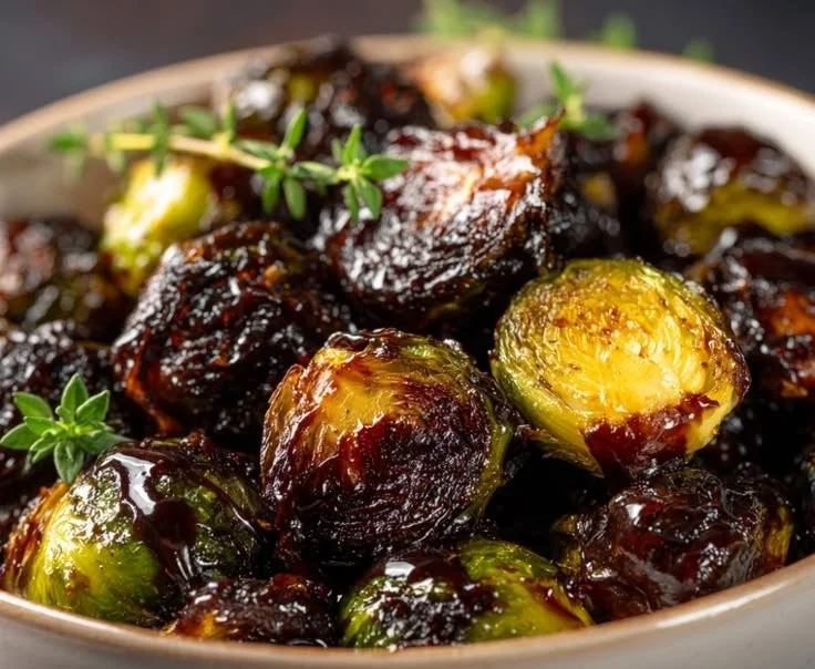 Crispy and caramelized honey balsamic Brussels sprouts dish